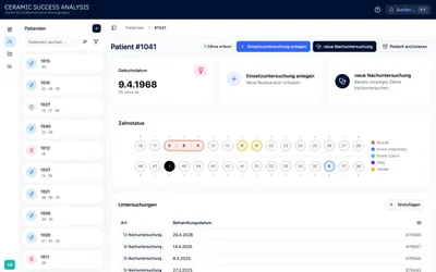 Patientenseite der CSA-App mit Zahnstatus und Untersuchungen